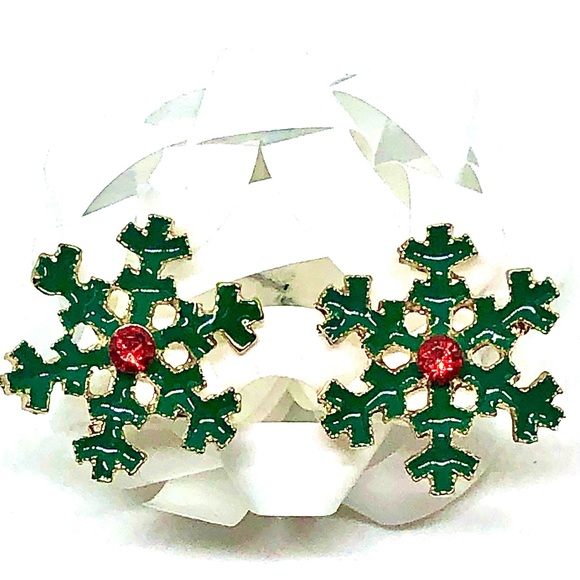 Christmas Green Enamel Red Crystal Rhinestone Gold Tone Studs Stud Earrings 17mm - Picture 1 of 5